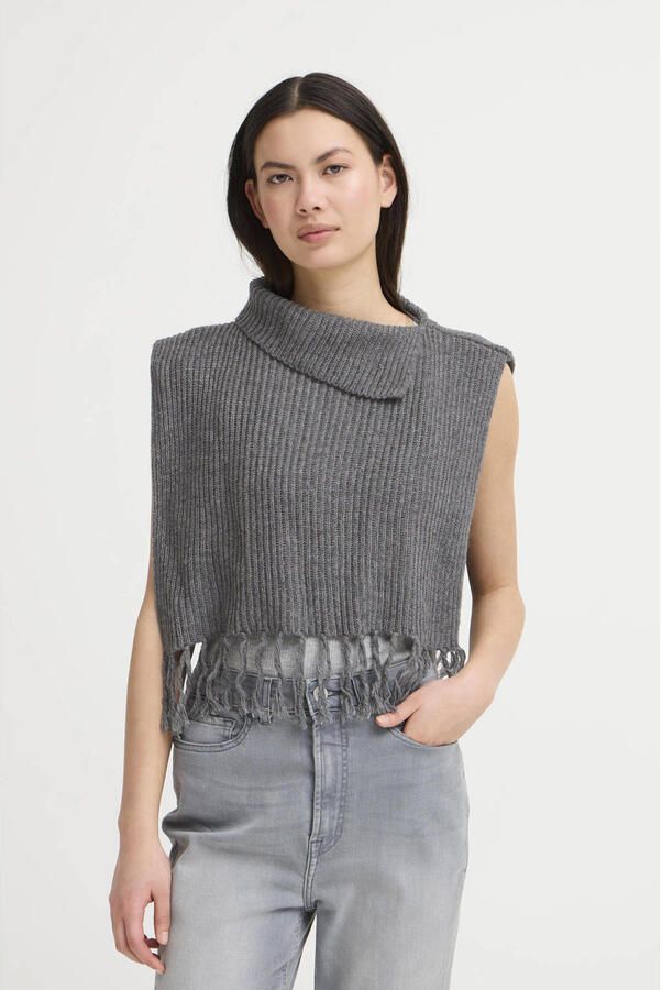 ICHI mouwloze poncho met franjes donkergrijs