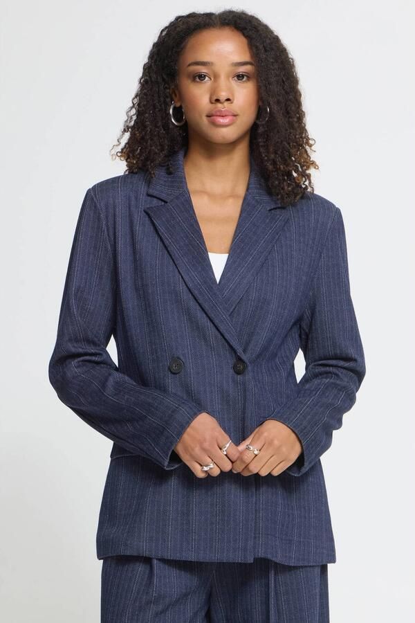 ICHI oversized blazer met krijtstreep donkerblauw