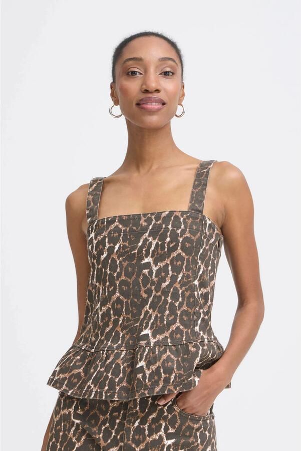 ICHI peplum top met panterprint bruin
