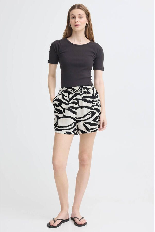 ICHI regular high waist casual short met linnen met zebraprint ecru - Foto 2