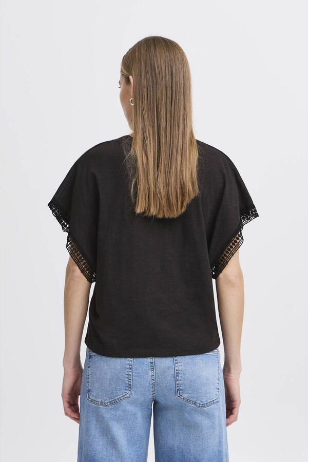 Ichi Zwarte Vrouwelijke Tee met Geborduurde Randen Black Dames