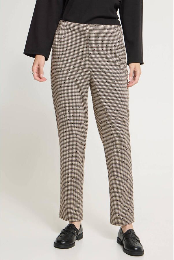 ICHI tapered geruite broek met stippen bruin