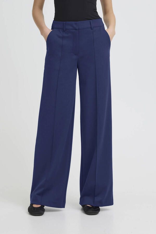 ICHI wide leg regular waist broek donkerblauw