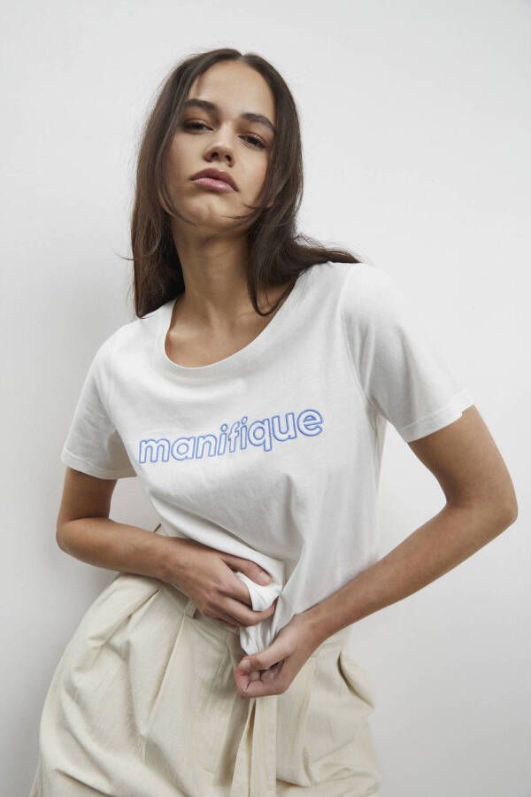 ICHI T-shirt IHCOMONO van biologisch katoen wit blauw