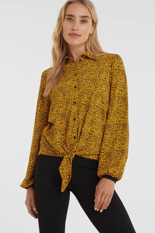 Imagine Travel blouse met strikdetail luipaardprint oker