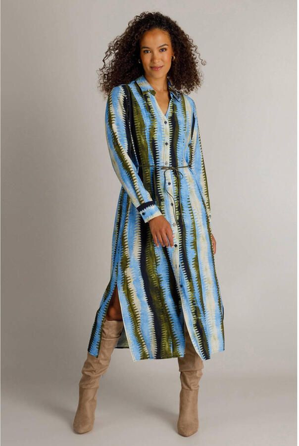Ivy Beau jurk met col ceintuur en print blauw