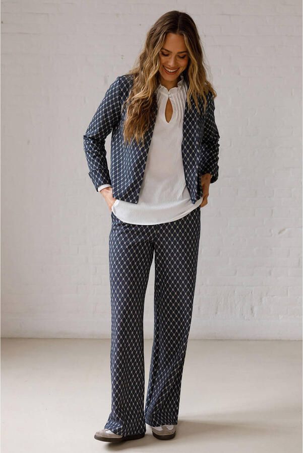 Ivy Beau straight leg broek met print blauw