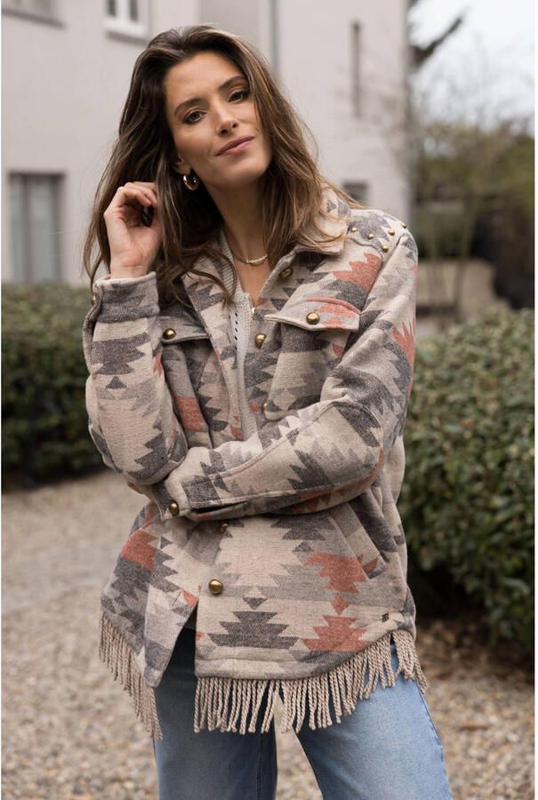 Ivy Beau tussenjas met franjes en print groen - Foto 2