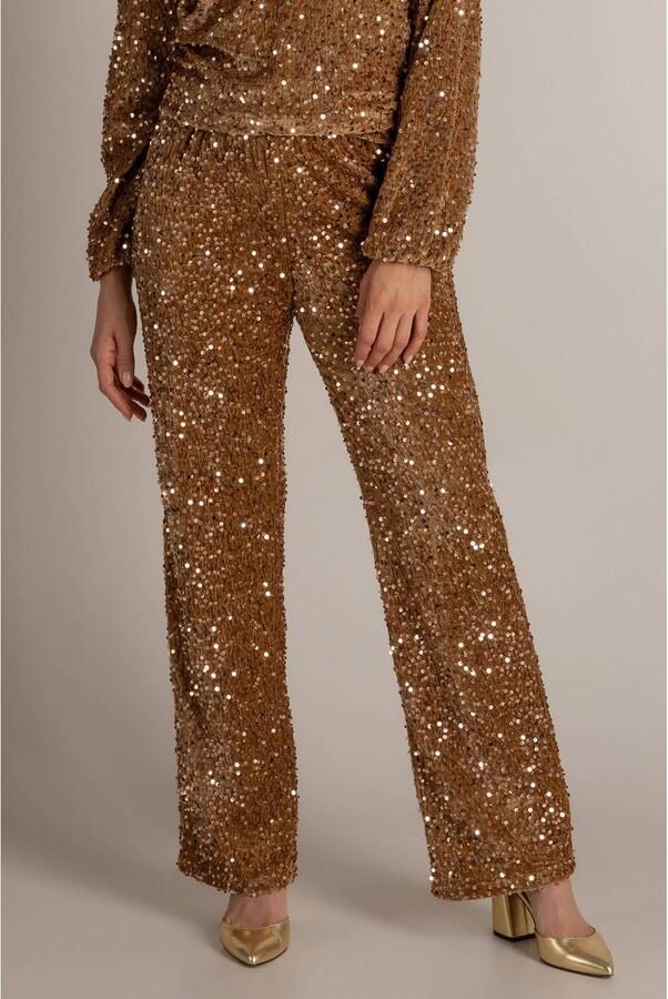 Ivy Beau wide leg casual broek met pailletten bruin