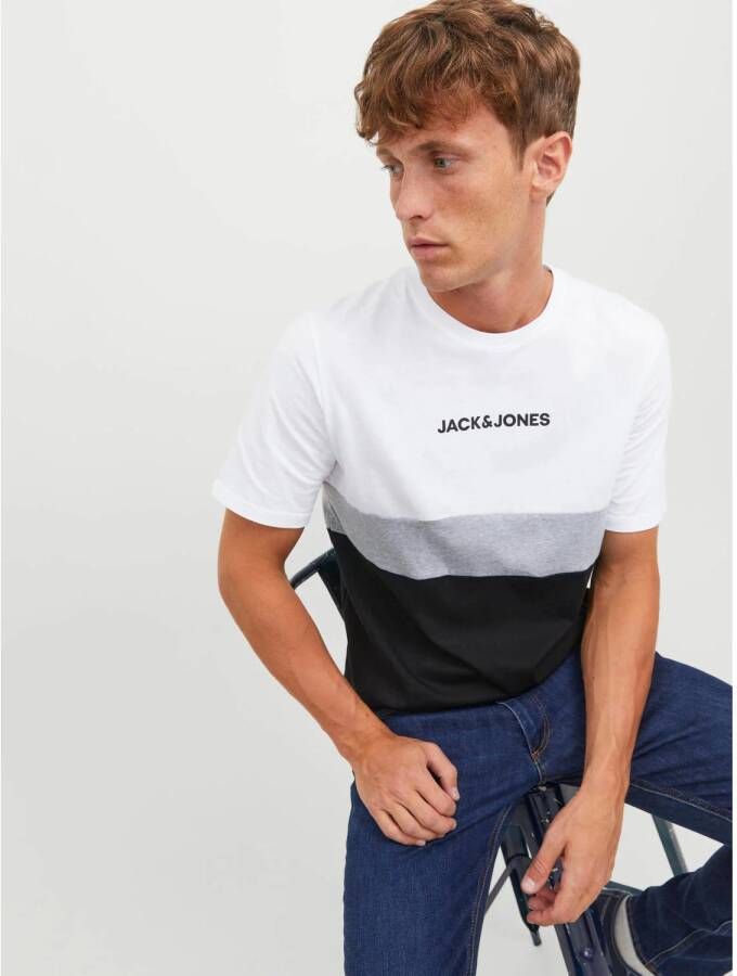 JACK & JONES ESSENTIALS gestreept regular fit T-shirt JJEREID wit zwart grijs