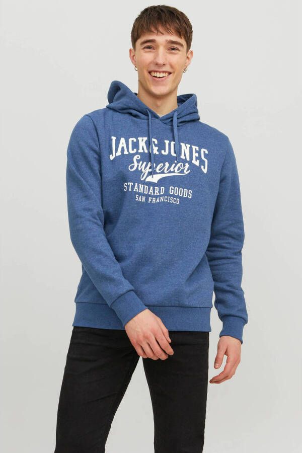 JACK & JONES ESSENTIALS hoodie JJELOGO met printopdruk blauw