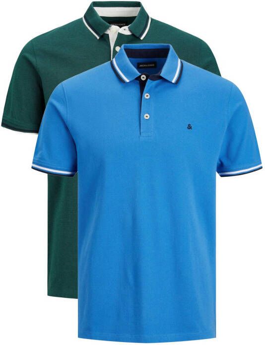 JACK & JONES ESSENTIALS polo JJEPAULOS met contrastbies groen & blauw