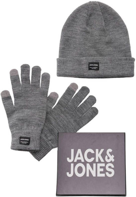 JACK & JONES giftbox muts + handschoenen grijs melange
