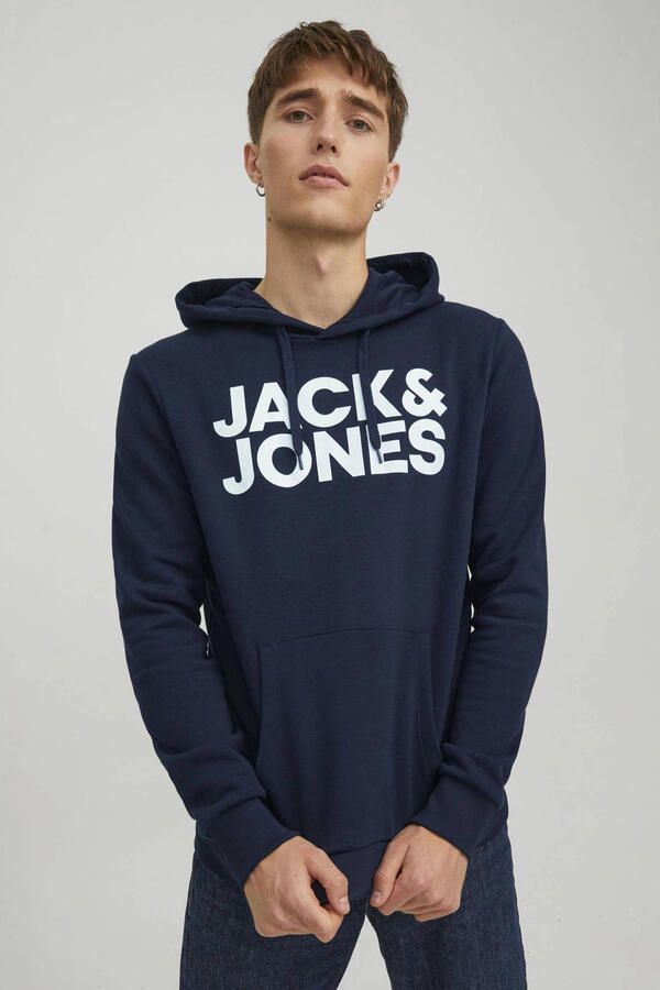 JACK & JONES ESSENTIALS hoodie JJECORP met logo marine wit