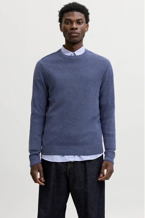 JACK & JONES ESSENTIALS katoenen regular fit gebreide gemêleerde trui blauw