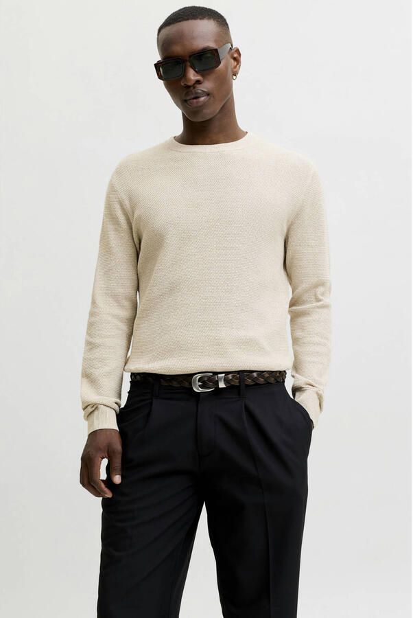 JACK & JONES ESSENTIALS katoenen regular fit gebreide gemêleerde trui greige
