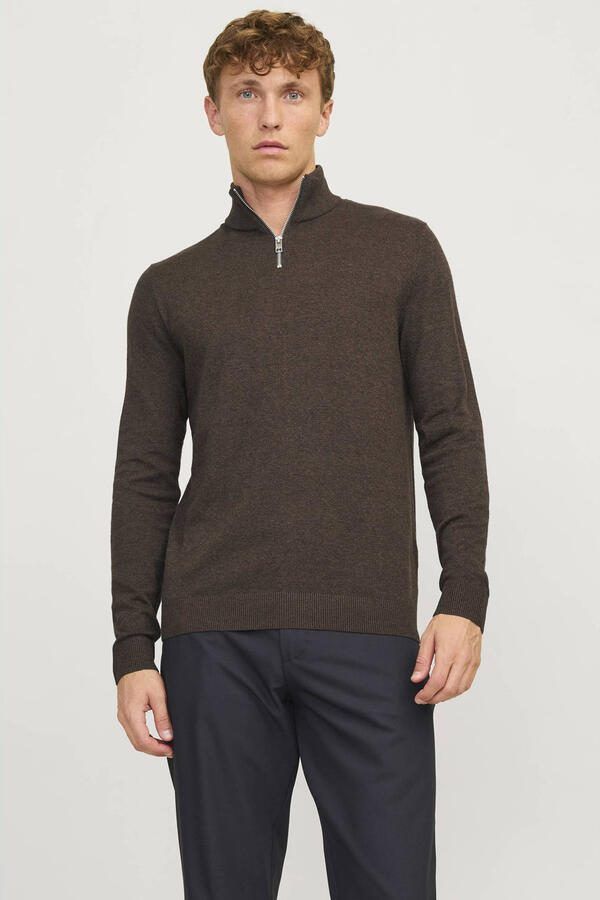 JACK & JONES ESSENTIALS pullover fijn gebreid donkerbruin