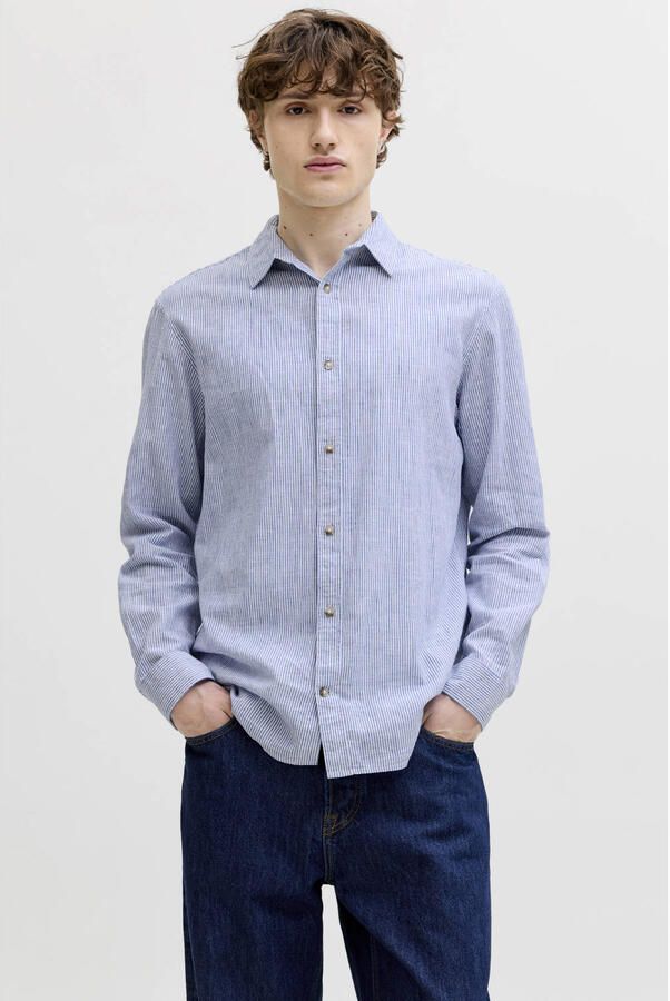 JACK & JONES ESSENTIALS regular casual gestreept overhemd met linnen blauw - Foto 2