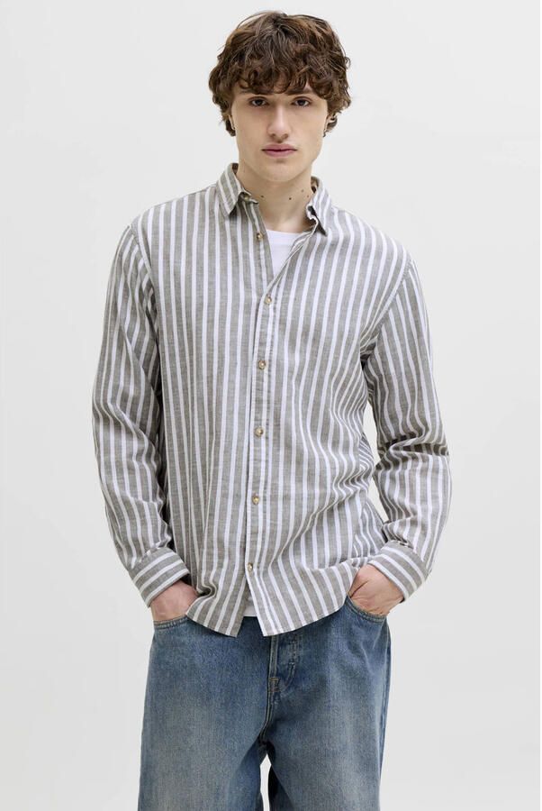 JACK & JONES ESSENTIALS regular casual gestreept overhemd met linnen grijsgroen