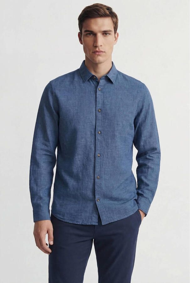 JACK & JONES ESSENTIALS regular casual overhemd met linnen blauw