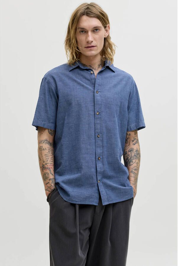 JACK & JONES ESSENTIALS regular casual overhemd met linnen blauw