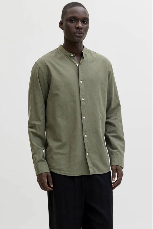 JACK & JONES ESSENTIALS regular casual overhemd met linnen donkergroen