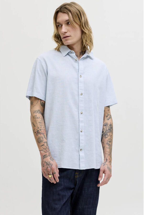 JACK & JONES ESSENTIALS regular casual overhemd met linnen lichtblauw