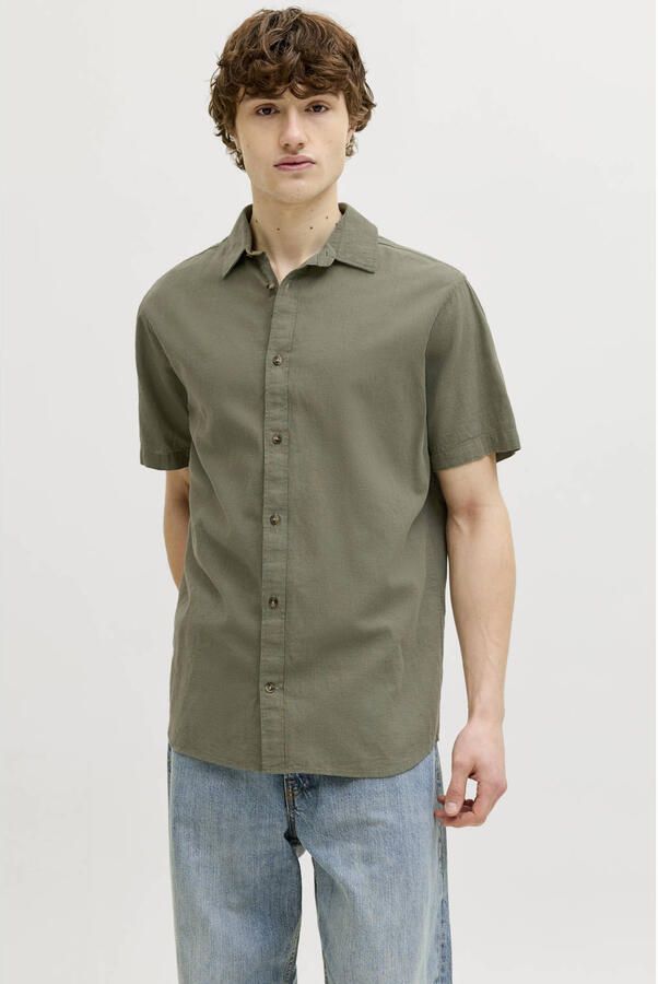 JACK & JONES ESSENTIALS regular casual overhemd met linnen olijfgroen