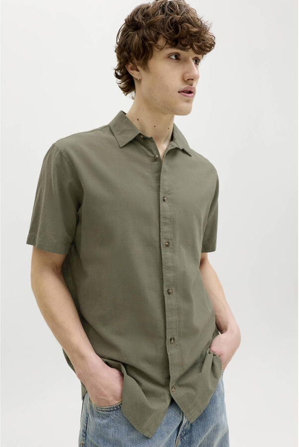 JACK & JONES ESSENTIALS regular casual overhemd met linnen olijfgroen - Foto 2