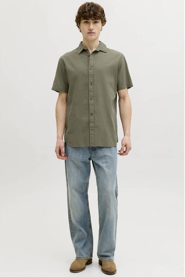 JACK & JONES ESSENTIALS regular casual overhemd met linnen olijfgroen - Foto 3