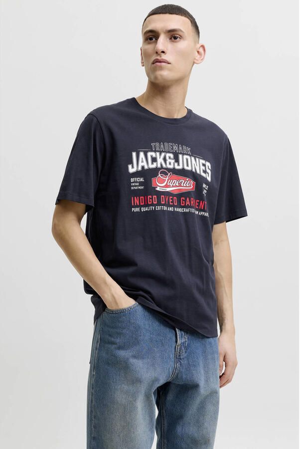 JACK & JONES ESSENTIALS regular fit T-shirt met print donkerblauw