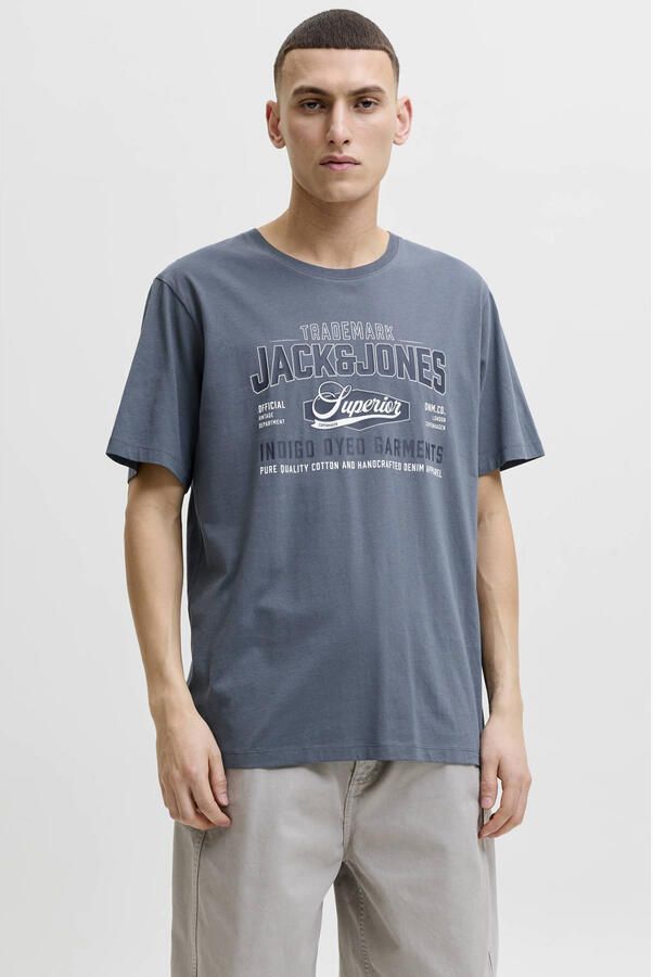 JACK & JONES ESSENTIALS regular fit T-shirt met print grijsblauw