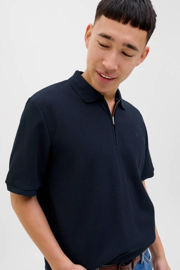 JACK & JONES ESSENTIALS regular polo met ingebreid patroon donkerblauw - Foto 2
