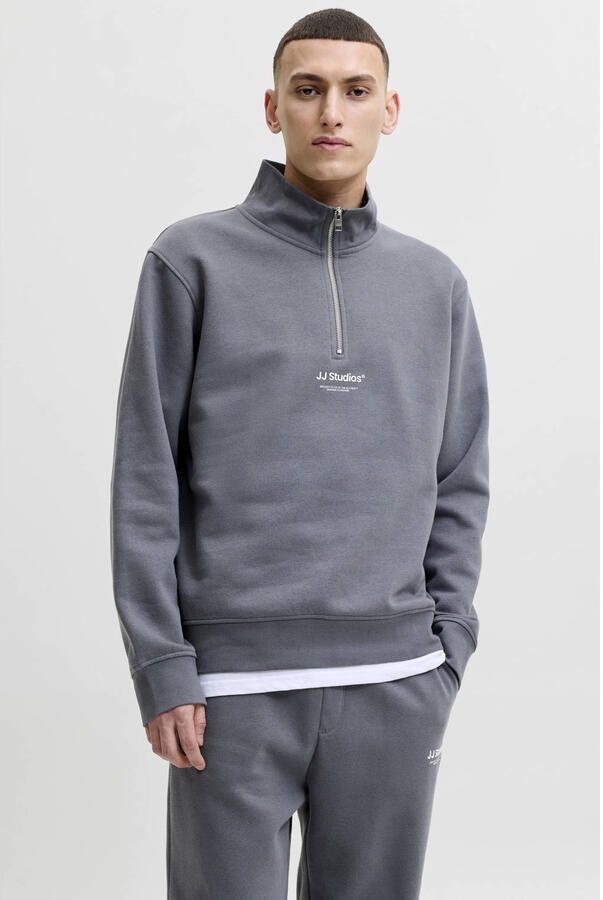 JACK & JONES ESSENTIALS relaxed fit sweater met print grijsblauw
