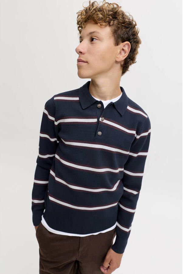 JACK & JONES JUNIOR gebreide gestreepte trui donkerblauw Jongens Viscose Polokraag