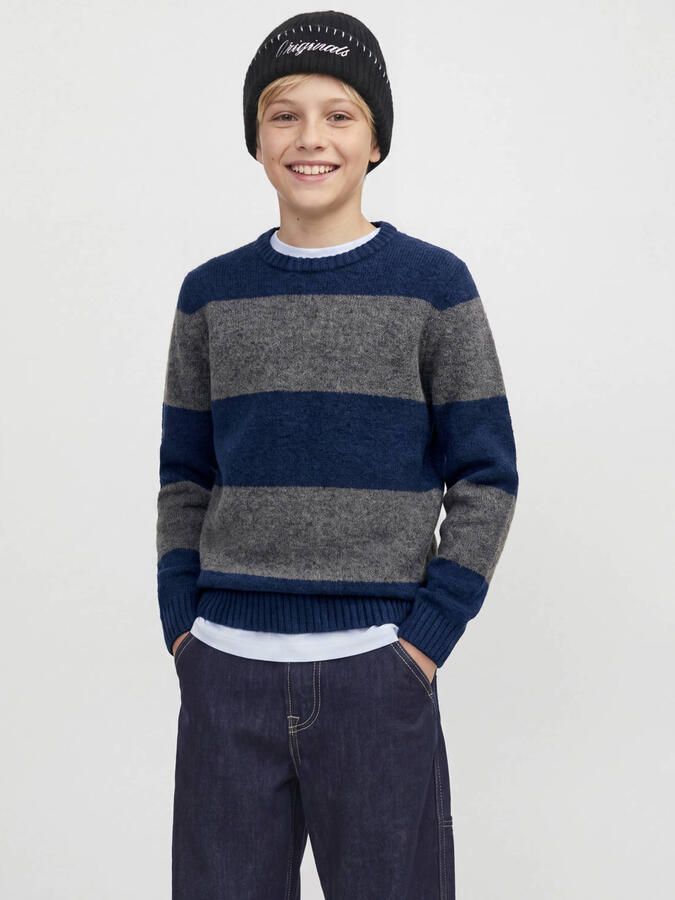 JACK & JONES JUNIOR gebreide gestreepte trui met wol donkerblauw Jongens Polyester Ronde hals