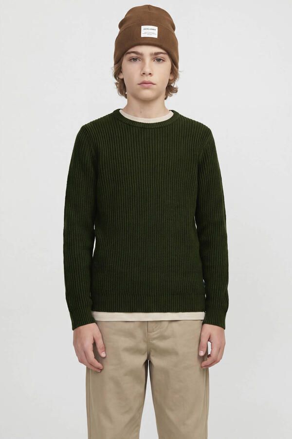 JACK & JONES JUNIOR gebreide trui donkergroen Jongens Acryl Ronde hals