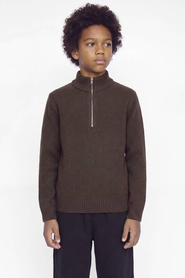 JACK & JONES JUNIOR gebreide trui met borduursels donkerbruin Jongens Stretchkatoen Opstaande kraag