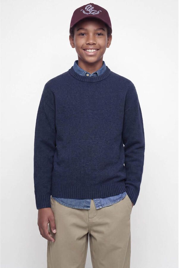 JACK & JONES JUNIOR gebreide trui met wol donkerblauw Jongens Polyester Ronde hals