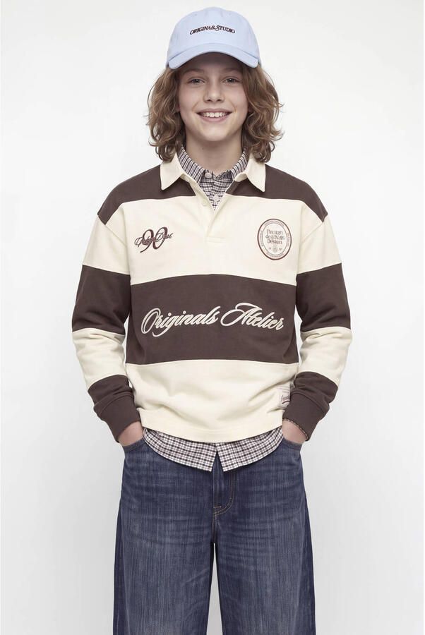JACK & JONES JUNIOR gestreepte sweater met tekst bruin ecru