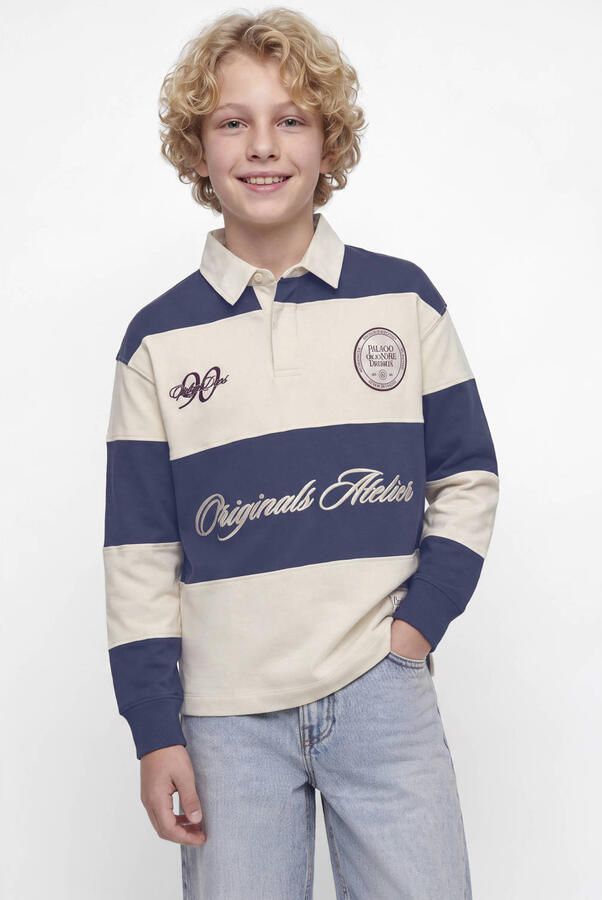 JACK & JONES JUNIOR gestreepte sweater met tekst marineblauw ecru