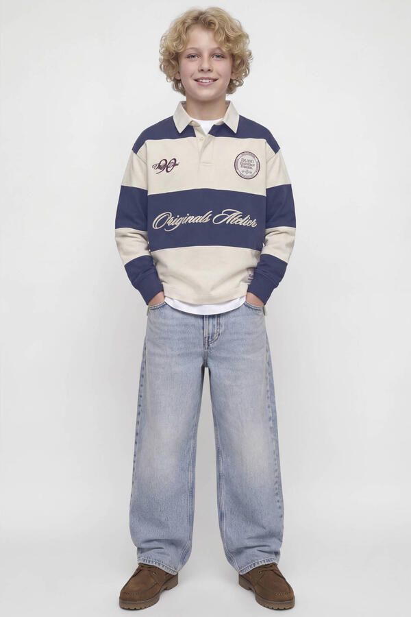 JACK & JONES JUNIOR gestreepte sweater met tekst marineblauw ecru - Foto 3