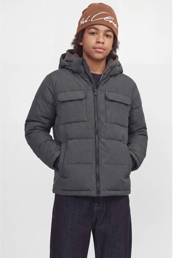 JACK & JONES JUNIOR gewatteerde winterjas antraciet Grijs Jongens Polyester Capuchon - Foto 3