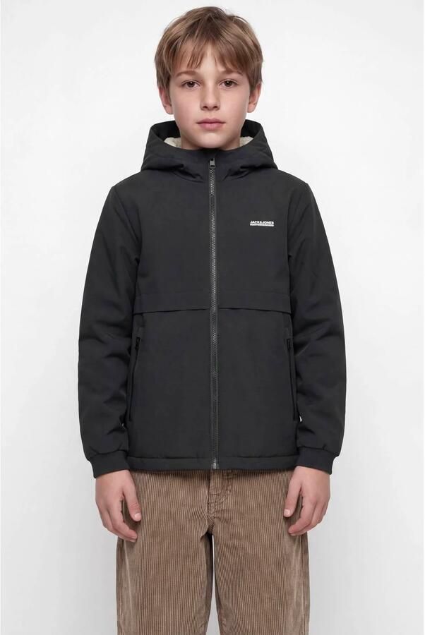 JACK & JONES JUNIOR gewatteerde winterjas zwart Jongens Polyester Capuchon