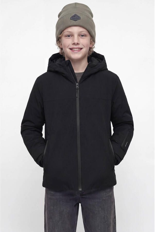 JACK & JONES JUNIOR winterjas zwart Jongens Polyester Capuchon Effen