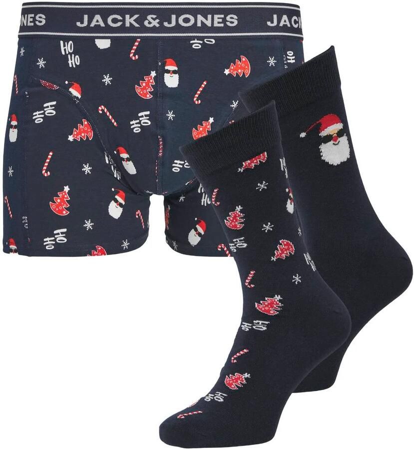 JACK & JONES JUNIOR kerst boxershort + sokken donkerblauw Jongens Stretchkatoen
