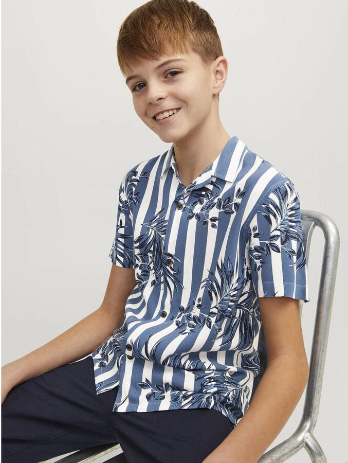 Jack & jones JUNIOR overhemd JJJEFF RESORT met all over print blauw wit Jongens Viscose Klassieke kraag 140