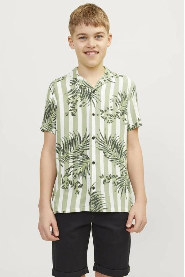 Jack & jones JUNIOR overhemd JJJEFF RESORT met all over print lichtgroen wit Jongens Viscose Klassieke kraag 176