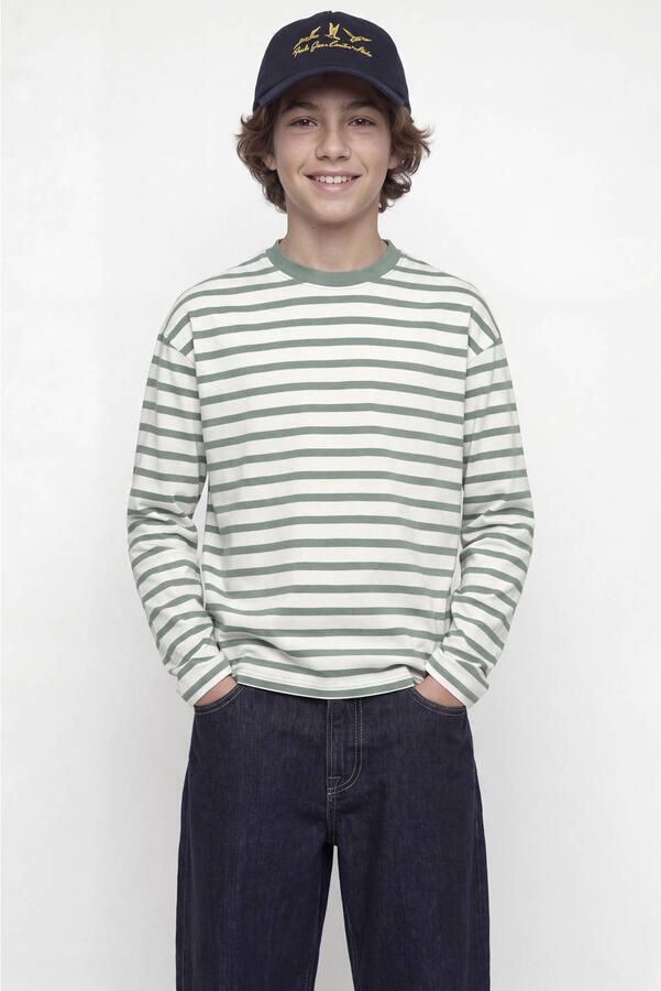 JACK & JONES JUNIOR oversized gestreepte longsleeve met backprint groen Jongens Katoen Ronde hals