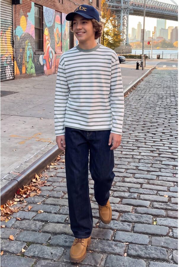 JACK & JONES JUNIOR oversized gestreepte longsleeve met backprint groen Jongens Katoen Ronde hals - Foto 2